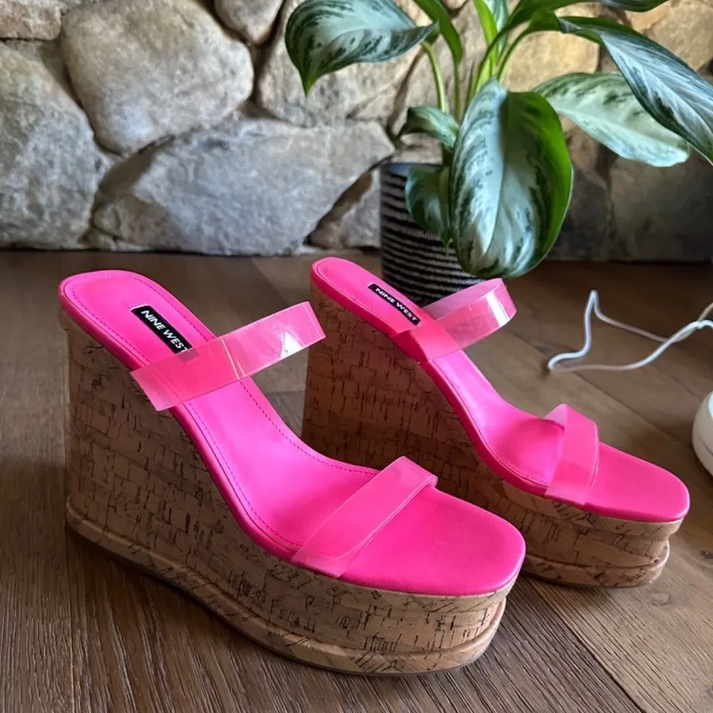 Nine West Rapps Platform Wedge Sandal Hot Pink Size 10 NEW